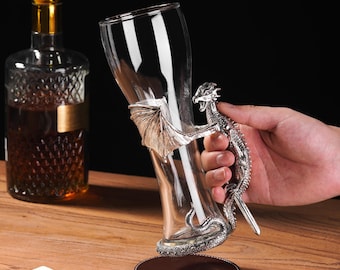 Handcrafted Dragon Beer Tumbler, Animal Metal Handle Drinking Glass, Vintage Hunting Style Barware, Rustic Gift for Him with Gift Box