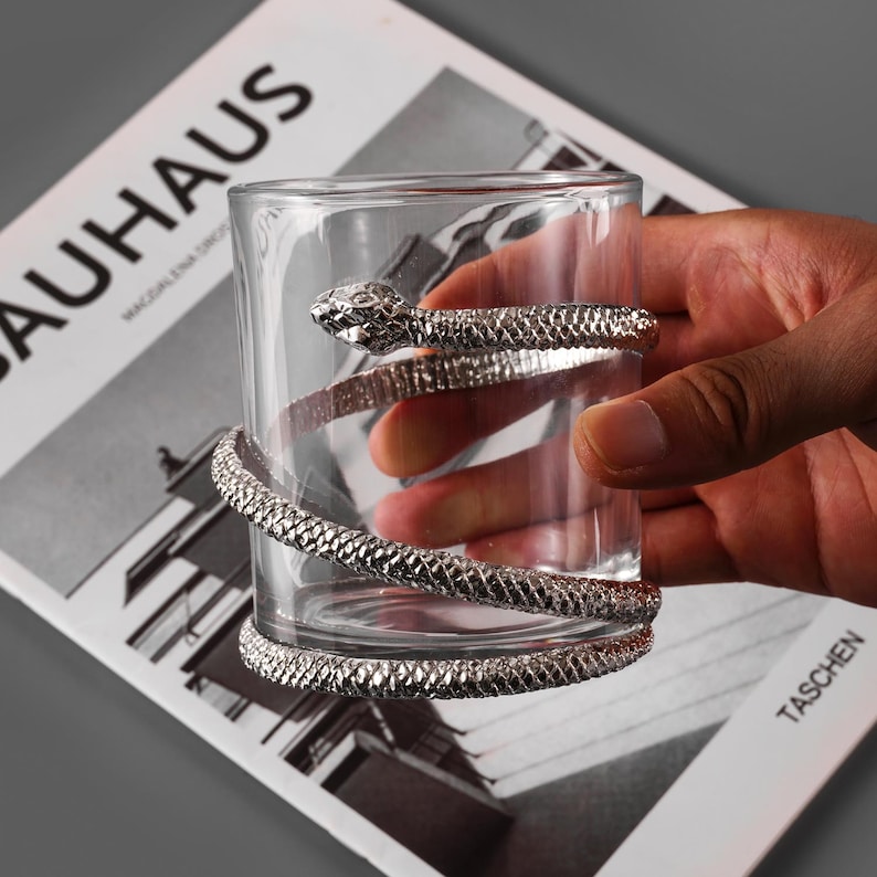 Handmade Snake Whiskey Glass: Metal Rocks Glass for Whisky Lovers, Gothic Design Barware Gift for Home Bar, Unique Gift for Him