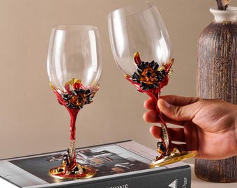 Handmade Enamel Wine Glasses: Set of Two Luxury Vintage Goblet, Elegant Handcrafted Red Wine Cup, Unique Gift for Wine Lovers
