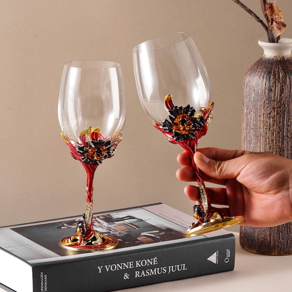 Handmade Enamel Wine Glasses: Set of Two Luxury Vintage Goblet, Elegant Handcrafted Red Wine Cup, Unique Gift for Wine Lovers