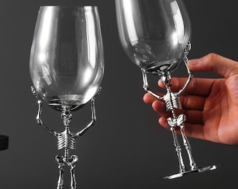 Metal Skull Wine Glasses: Handmade Gothic Skeleton Goblet, Skull Wedding Glasses, Halloween Party Drinkware Gift Idea