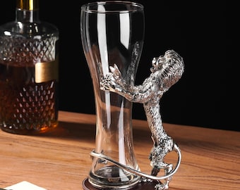 Handmade Lion Drinking Tumbler, Animal Metal Handle Beer Glass, Vintage Hunting Style Mug, Rustic Gift for Him with Gift Box