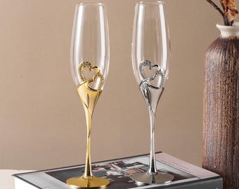 Copas de champán vintage con forma de corazón de plata: copas de brindis con diamantes de imitación para bodas, elegantes copas de amor, regalo de aniversario para pareja.