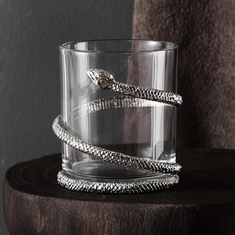 Handmade Snake Whiskey Glass: Metal Rocks Glass for Whisky Lovers, Gothic Design Barware Gift for Home Bar, Unique Gift for Him