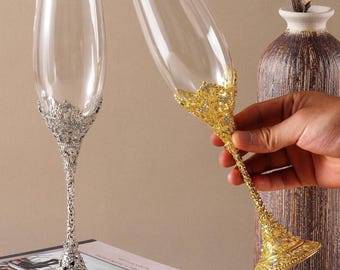 Handmade Crystal Wedding Champagne Glasses – Silver Shining Toasting Flutes, Elegant Couple Gift, Unique Anniversary Present