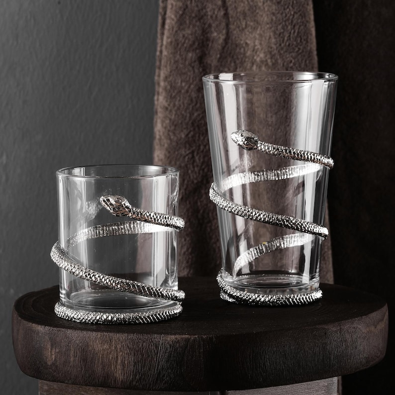 Handmade Snake Whiskey Glass: Metal Rocks Glass for Whisky Lovers, Gothic Design Barware Gift for Home Bar, Unique Gift for Him