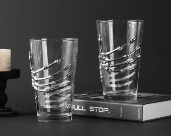 Metal skeleton Hand Beer Glass: Hand Engraved Tumbler for Beer Lovers, Personalized Barware Gift for Halloween Party, Gift for Him
