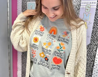 Camiseta con colores reconfortantes y afirmaciones positivas - Camiseta con gráfico positivo para mujer - Bonita camiseta para maestra