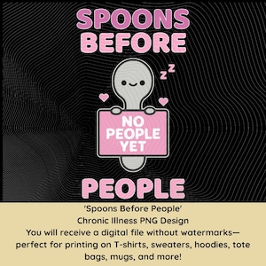 以下が含まれることがあります： ピンク色の「SPOONS BEFORE PEOPLE」というテキストが入ったデジタルグラフィックデザイン。スプーンのキャラクターが「NO PEOPLE YET」と書かれたピンク色の看板を持っています。「PEOPLE」という単語はスプーンの下にあります。ハートとZも含まれています。