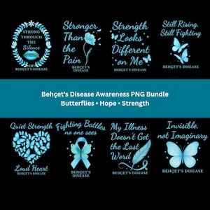 May include: A digital graphic bundle featuring eight designs for Behçet's Disease awareness. Each design uses light blue text and butterfly or ribbon motifs on a black background, including phrases like Strong Through the Silence and Still Rising.