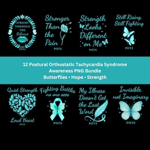 May include: A digital graphic bundle featuring eight teal and white designs on a black background. Text includes Strong Through The Silence, Stronger Than The Pain, Strength Looks Different On Me, Still Rising, Still Fighting, Quiet Strength Loud Heart, Fighting Battles No One Sees, My Illness Doesn't Get The Last Word, and Invisible, Not Imaginary.