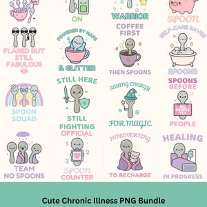 Könnte beinhalten: Eine Sammlung von 16 transparenten PNG-Designs mit Löffel-Charakteren in verschiedenen Szenarien. Die Designs enthalten Sätze wie "Zero Spoons Given", "Recharge Mode" und "Coffee First". Das Bundle trägt den Titel "Cute Chronic Illness PNG Bundle".