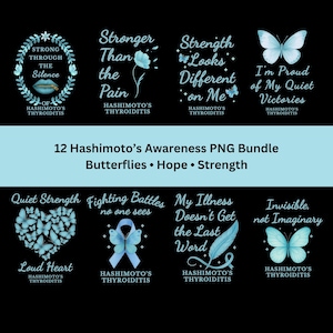 Puede incluir: Una colección digital de 12 diseños de concienciación sobre Hashimoto con mariposas, cintas y plumas de color azul claro sobre un fondo negro. El texto incluye frases como Strong Through the Silence, Strength Looks Different on Me e Invisible, not Imaginary.
