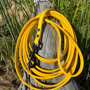 May include: A coiled, bright yellow dog leash with a black metal clasp and leather accents. The leash is lying on a weathered, gray tree stump, with green foliage in the background. The leash is made of a durable, waterproof material.