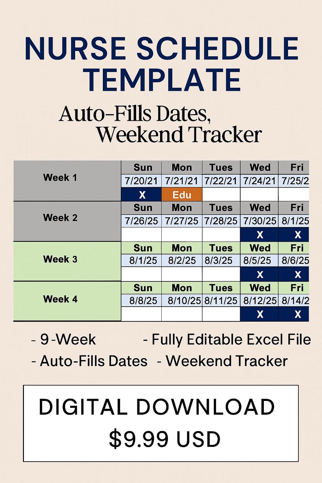 Weekend Tracker Nurse Schedule Template | Excel | 9-week Auto-fill Dates, Weekend ...