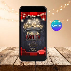 Puede incluir: Un teléfono inteligente muestra una invitación a una fiesta de potluck de Año Nuevo. El diseño presenta un borde a cuadros rojo y negro, un gráfico de olla e información del evento. El logotipo de Canva es visible.
