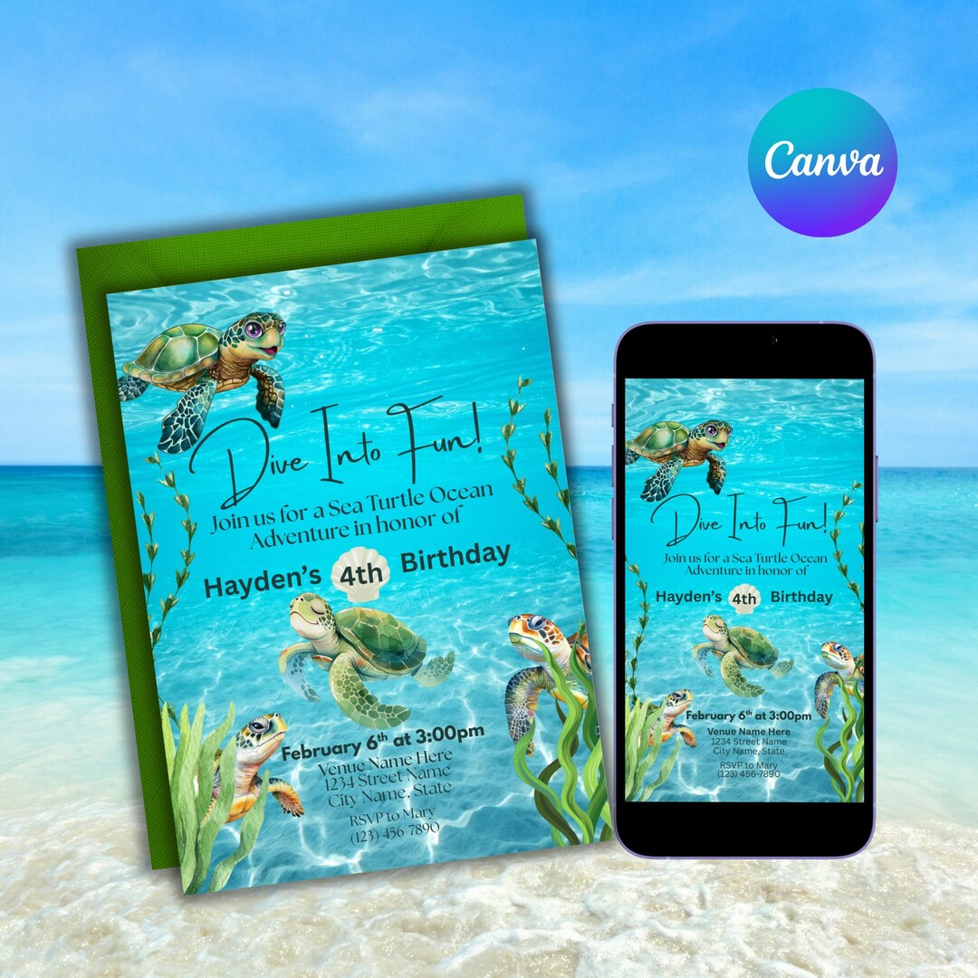 Sea Turtle Ocean Adventure Birthday Invitation Printable & Phone ...