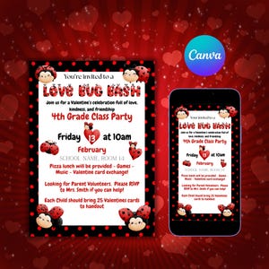 Könnte beinhalten: Eine Einladung zur Valentinstagsparty mit einem rot-schwarzen Polka-Dot-Rand. Die Einladung zeigt Marienkäfer-Grafiken und den Text "Love Bug Bash" mit Details für eine Party der 4. Klasse, einschließlich Datum, Uhrzeit und Aktivitäten.
