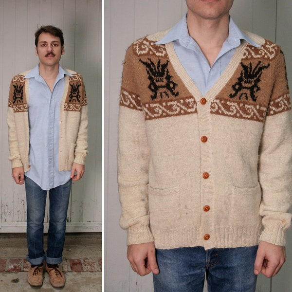 Vintage 70s Alpaca Wool Cardigan Sweater Leather Elbow Patches