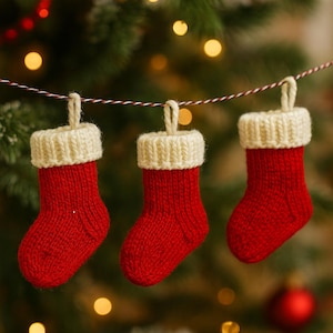 May include: Three miniature red and cream-colored knitted Christmas stockings hanging from a string. The stockings have a cream-colored cuff and a loop for hanging. The background is a blurred Christmas tree with bokeh lights.