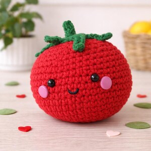Puede incluir: Un tomate tejido a mano, rojo con hojas verdes, ojos negros y mejillas rosas. El tomate tiene una cara sonriente. Corazones y hojas decorativos están esparcidos alrededor del tomate.