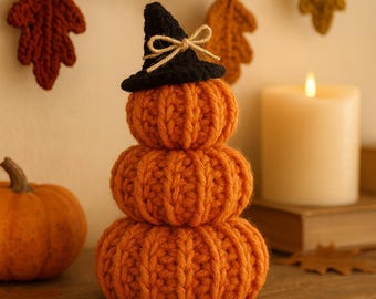 Stacked Crochet Pumpkin Trio with Witch Hat | Beginner-Friendly Fall Decor Pattern | Easy Crochet Autumn Pumpkins PDF