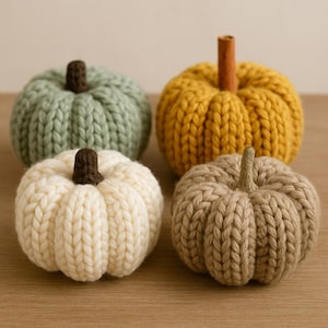 May include: Four knitted pumpkins in shades of green, yellow, cream, and tan. Each pumpkin has a brown stem. The pumpkins are arranged on a wooden surface, perfect for fall decor.