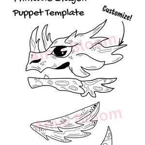 May include: Black and white printable dragon puppet template. The design includes the dragon's head, jaw, wing, and tail. The text "Printable Dragon Puppet Template" is at the top, with "Customize!" and an arrow pointing to the dragon's head.