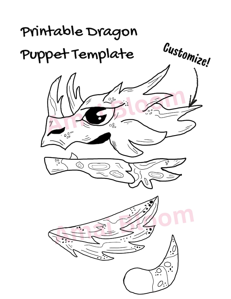 Customizable Color Your Own Printable Paper Dragon Puppet Template Base ...