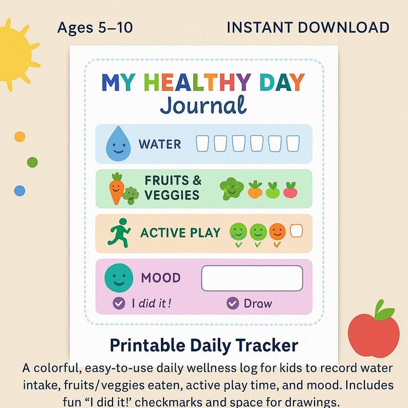 Kids Daily Wellness Tracker: Healthy Habits Journal (printable PDF) Ages 5-10 - Etsy