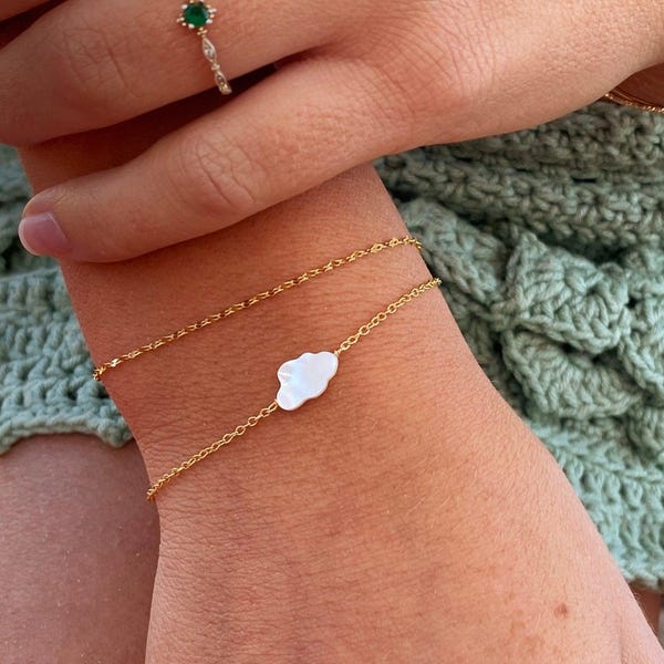 Mother-of-pearl gold jewelry | Popular gift items for mom | Simple boho gold bracelet with cloud pendant | Small gift idea