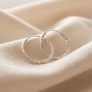 Pode incluir: Um par de brincos de argola pequenos em prata com uma superfície texturizada de corte de diamante que cria uma aparência reflexiva e facetada. As argolas circulares são finas e leves, com uma construção contínua e sem costuras.