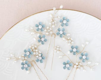 Braut Haarnadeln mit blauen Blumen | Brautschmuck Etwas Blaues Haare | Hochzeit Haarschmuck blau | Haarnadel Blume Hochzeit | Bride to be