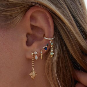 Tiny golden hoops | Gold hoop earrings with clicker | Minimalist huggie hoop earrings in sterling silver | Small gift earrings with stone