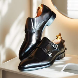 New Black Leather Formal Double Monk Strap Dress Shoes For Mens