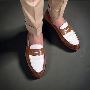 Handmade Two Tone Leather Moccasin Slip on Loafers Formal Dress Shoes For Men