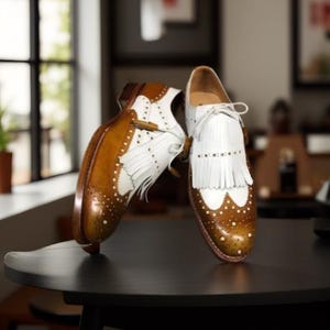 Handmade men brown and white leather brogue wingtip moccasin shoes with fringes