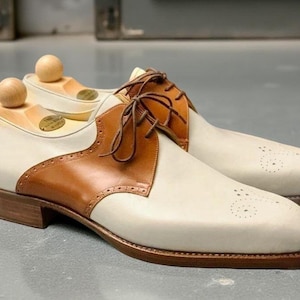 Men Handmade Brown & White Leather Shoes Lace up Oxford Formal Dress Shoe