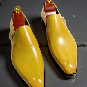 New Men&#39;s Handmade Yellow Leather Single Monk Strap Dress Formal Shoes