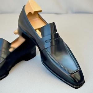 Handmade Black Leather Moccasins Dress Shoe, Office Shoes, Slip On Business Shoe