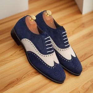 Handmade Blue & White Suede Leather Oxford Wingtip Brogue Dress Shoes For Men