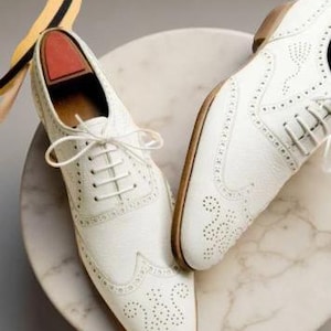 Handmade men fashion wingtip brogue white leather shoes, Men white dress shoes