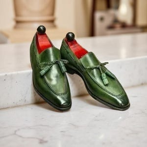Handmade Men&#39;s Real Green Leather Oxford Formal Business Shoes, Dress Shoes