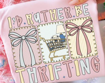 I’d Rather Be Thrifting Bow PNG, thrift aesthetic shirt design, blue and gold vintage decor cart, retro thrifting graphic,boutique style