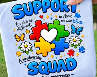 Projekt sublimacji Support Squad PNG na rzecz świadomości autyzmu, cyfrowe pobieranie elementów układanki neuroróżnorodności, transfer DTF na koszulkę dla mamy dziecka z autyzmem