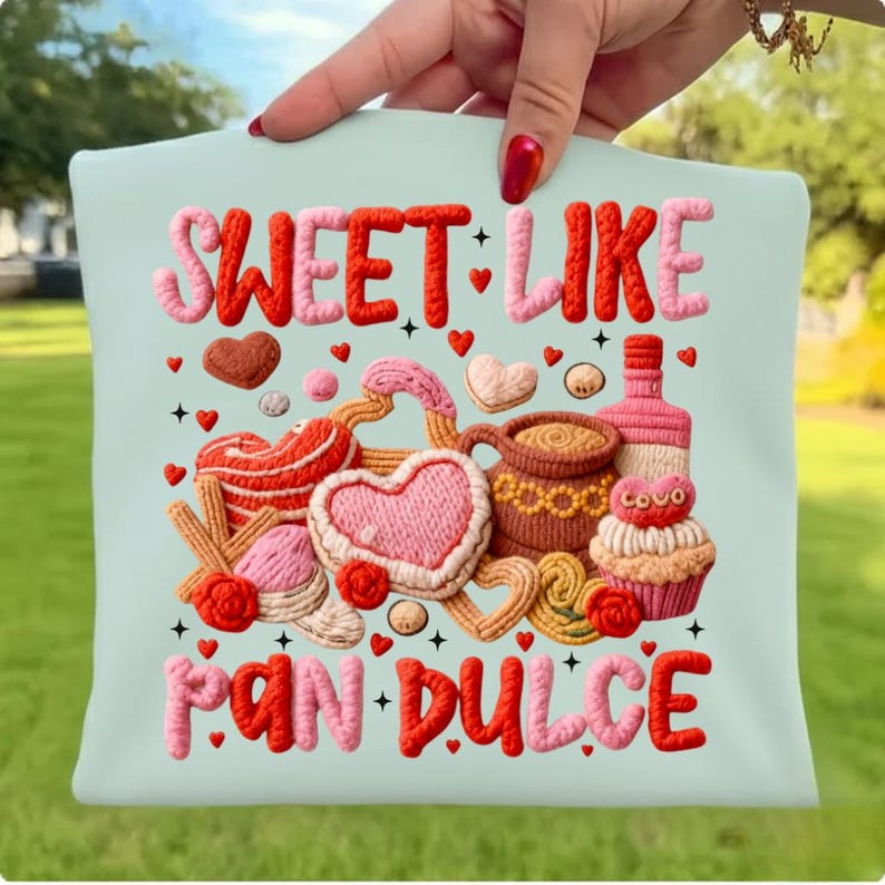 May include: A light blue tote bag with the words "SWEET LIKE PAN DULCE" in red and pink, with illustrations of baked goods, hearts, and a bottle. The design features a cupcake, a bottle, and a mug.