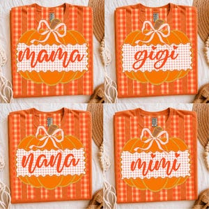 May include: Four orange t-shirts featuring a pumpkin graphic with a white bow and a white gingham banner. The shirts display the text mama, gigi, nana, and mimi in orange script. The background of each shirt has a vertical orange gingham pattern.