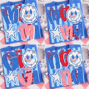 May include: A blue t-shirt featuring a graphic print with the text "Mimi" or "GiGi" or "Nana" in large, stylized letters. The design includes a white smiley face with red and blue fireworks, blue and white stars, and light blue stripes.