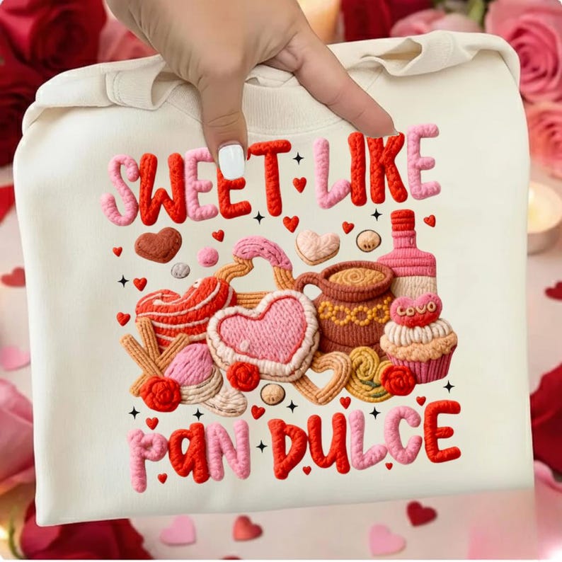 May include: Cream-colored sweatshirt with a colorful embroidered design featuring the text "SWEET LIKE PAN DULCE". The design includes hearts, pastries, a coffee cup, and a bottle.