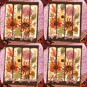 Puede incluir: Cuatro letreros rectangulares con ilustraciones florales de otoño de girasoles, crisantemos y hojas. Los letreros muestran el texto Fall Vibes, Tis The Season, Cozy Season y Hello Fall en una fuente cursiva sobre un fondo marrón oscuro.